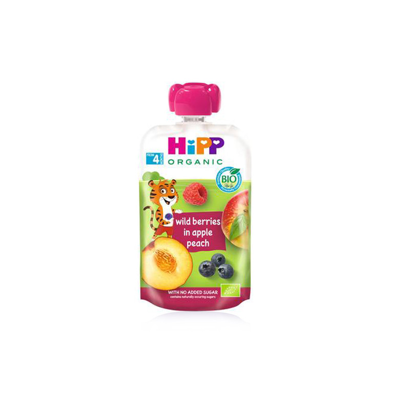 Hipp Pure Frutas Bio Melocoton, Manzana y Frutos del Bosque 100gr