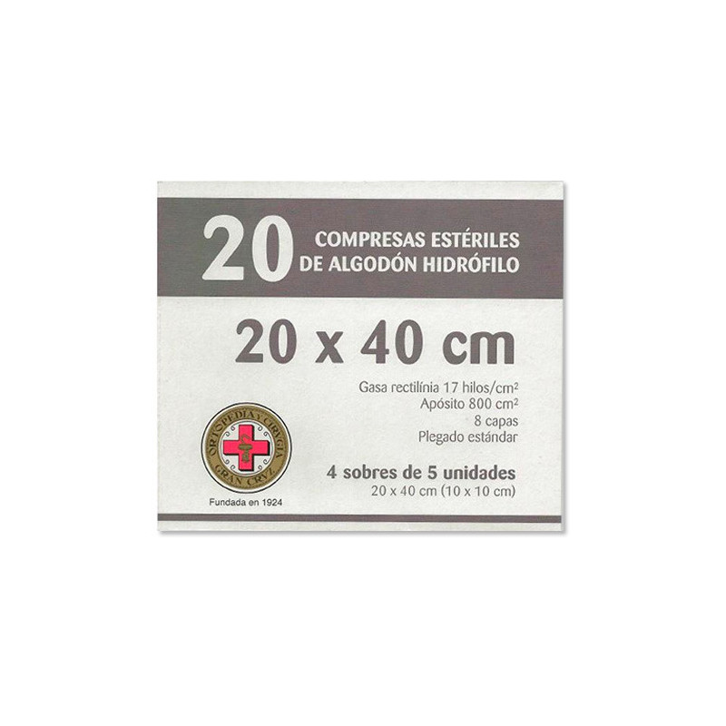 Gran Cruz Compresas Esteriles Algodon Hidrofilo 20x40cm 20Uds